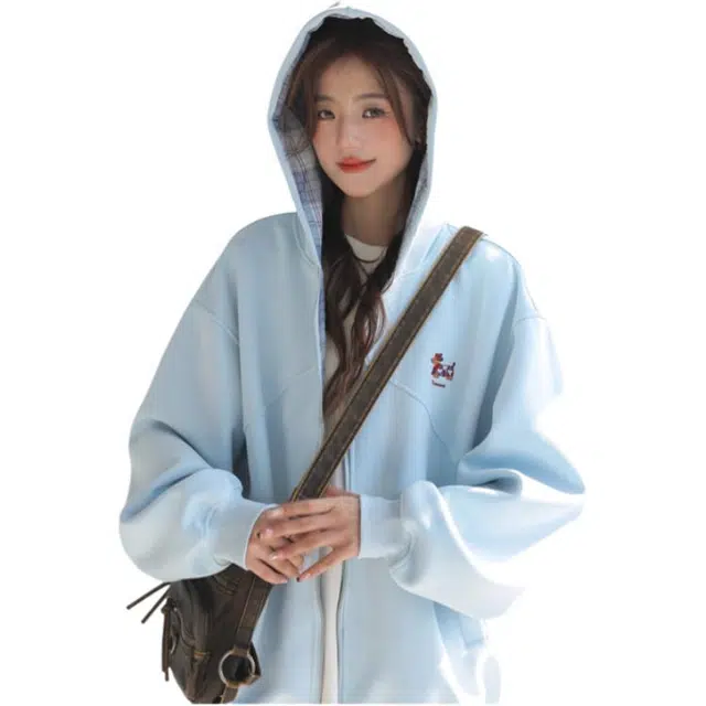 荟萃阁 韩系格子拼接腊肠狗刺绣外套慵懒宽松开衫卫衣 女款