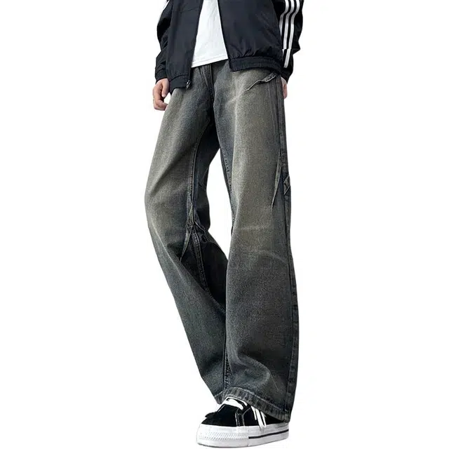 单爵 美式复古解构裤子男款秋季抽绳松紧腰软褶皱水洗做旧微喇裤牛仔裤 男女同款