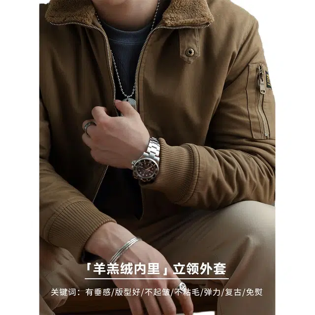 爆炸哥 美式复古飞行员立领按扣加绒保暖棉服男士硬汉咔叽秋冬加厚羊羔绒翻毛领外套夹克 男款