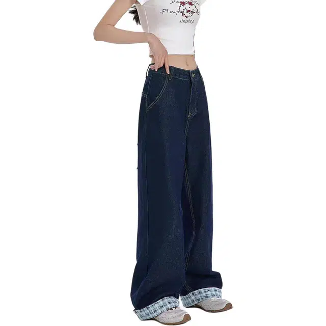 邓大喵 加长版蝴蝶结复古格子阔腿女美式高腰设计卷边直筒拖地裤子牛仔裤 女款
