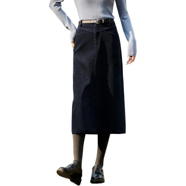 沫晗依美 简约直筒纯色休闲长裙 女款 藏青色