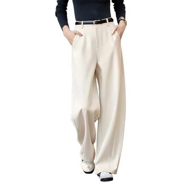 沫晗依美 高腰直筒纯色休闲裤 女款 米白色