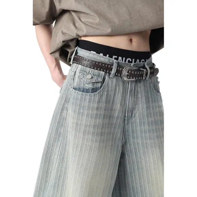 拓菲 美式百搭宽松条纹七分裤牛仔短裤 男女同款