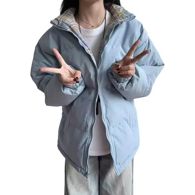 单爵 格子拼接立领棉衣棉服 男女同款