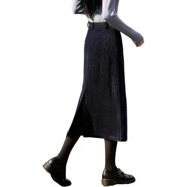 沫晗依美 简约直筒纯色休闲长裙 女款 藏青色