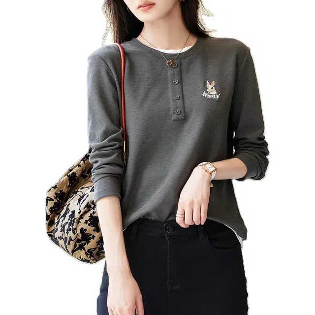 【dme】 胸前卡通动漫图案假两件长袖针织衫 女款 深灰