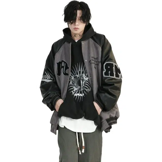 地界二 美式复古撞色高街刺绣麂皮绒棒球服春秋季潮牌外套夹克 男款