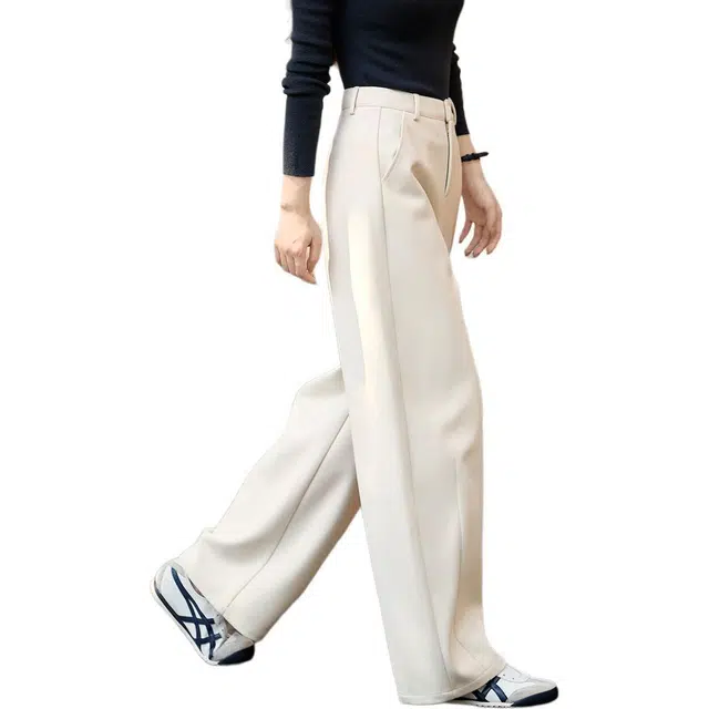 沫晗依美 高腰直筒纯色休闲裤 女款 米白色