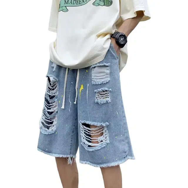 袋鼠 薄款韩版潮流破洞高街修身潮牌裤子小众时尚设计感五分裤休闲短裤 男女同款