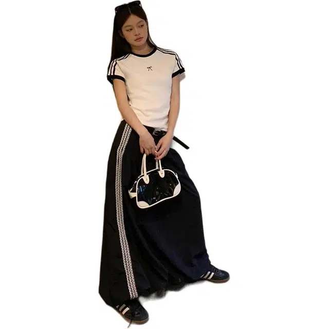 木清清 条纹正肩短袖半身裙女夏季休闲套装 女款