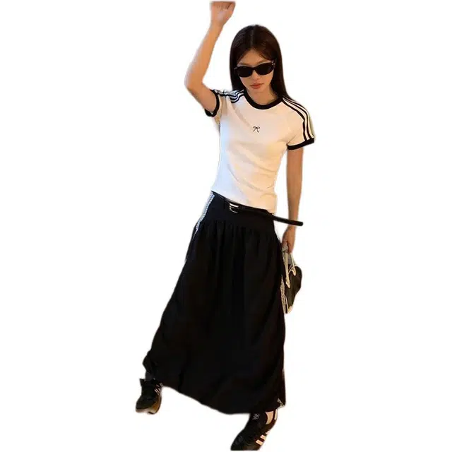 木清清 条纹正肩短袖半身裙女夏季休闲套装 女款