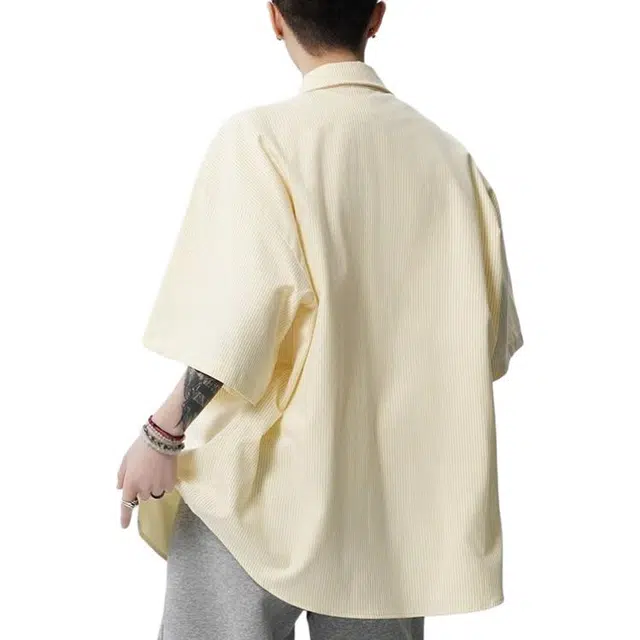 沐诚阳译 美式笑脸宽松古巴领条纹短袖衬衫 男女同款