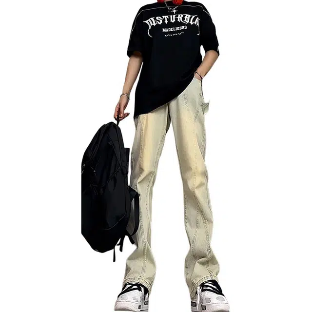 单爵 美式高街长裤子男潮牌修身微喇显瘦拼接牛仔裤 男女同款