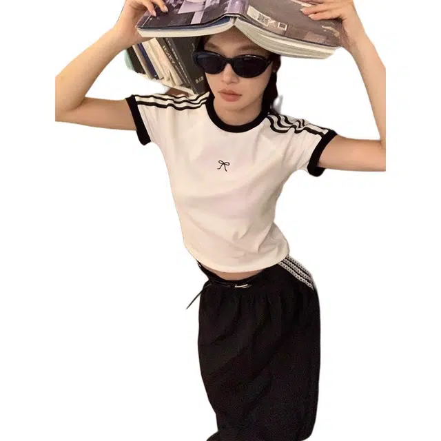 木清清 条纹正肩短袖半身裙女夏季休闲套装 女款