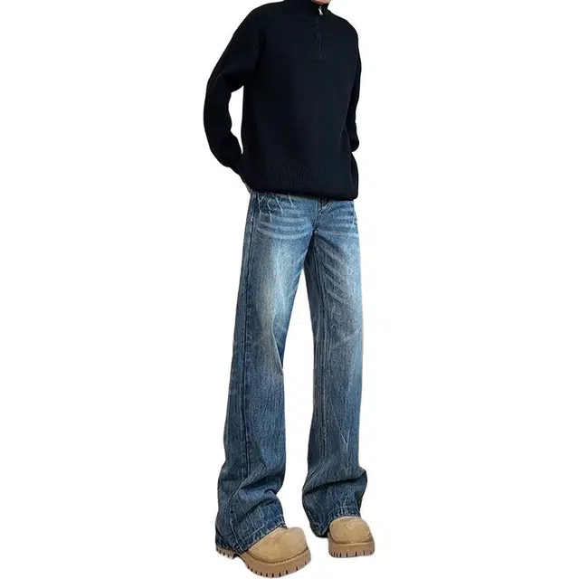 单爵 闪电纹微喇裤男痞帅炸街水洗直筒裤高腰显瘦牛仔裤 男女同款