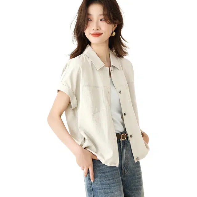 沫晗依美 休闲百搭纯色常规短袖翻领开衫衬衫 女款