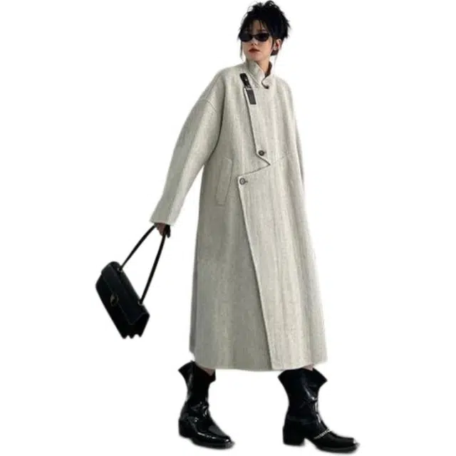 纤丝鸟 外套女小个子高级赫本风中长款燕麦色人字纹大衣 女款