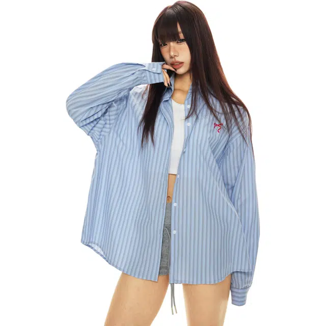 玫丝朵 条纹百搭简约长袖衬衫 女款 蓝色