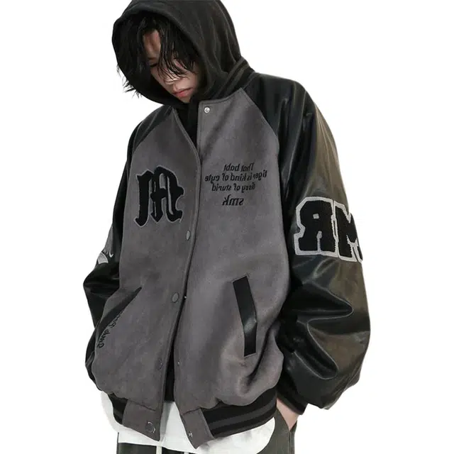 地界二 美式复古撞色高街刺绣麂皮绒棒球服春秋季潮牌外套夹克 男款