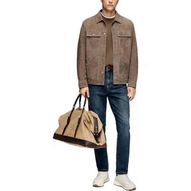 丹宁哲学 高端新西兰绵羊皮男士纯色翻领直筒型皮衣 男款