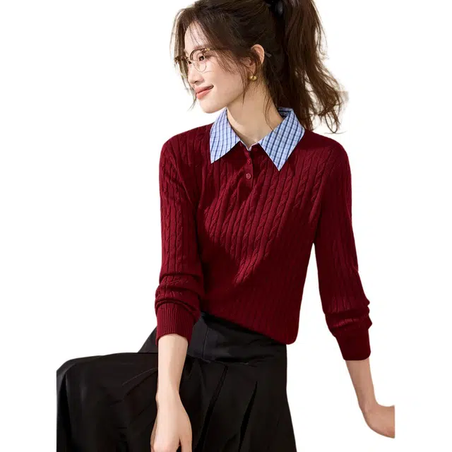 沫晗依美 假两件含羊毛混肌理绞花拼色条纹常规长袖翻领休闲针织衫 女款