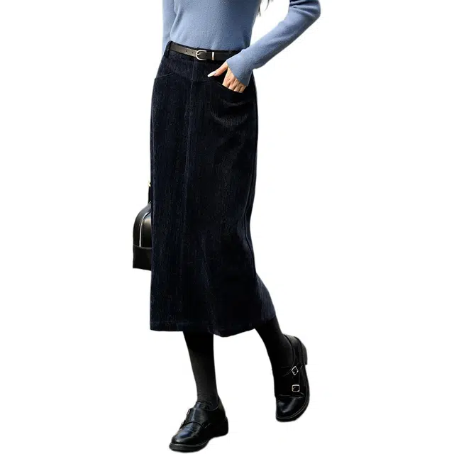 沫晗依美 简约直筒纯色休闲长裙 女款 藏青色