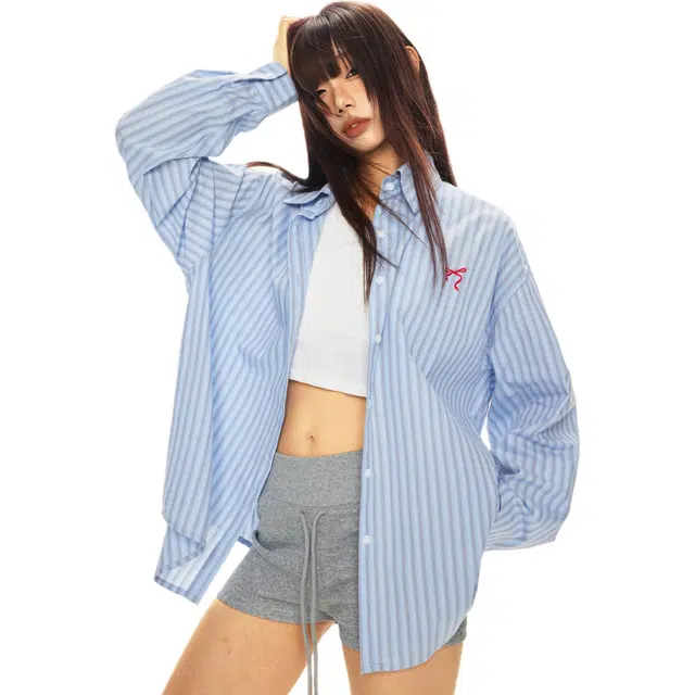 玫丝朵 条纹百搭简约长袖衬衫 女款 蓝色