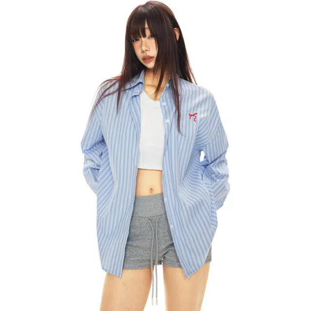 玫丝朵 条纹百搭简约长袖衬衫 女款 蓝色