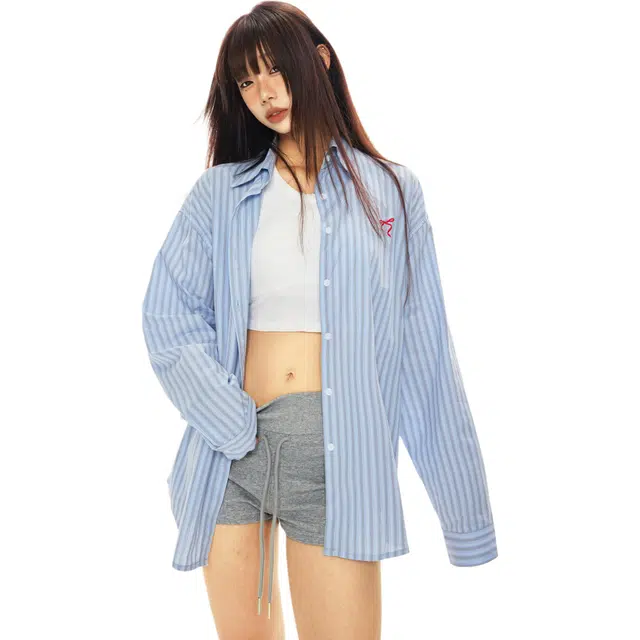 玫丝朵 条纹百搭简约长袖衬衫 女款 蓝色