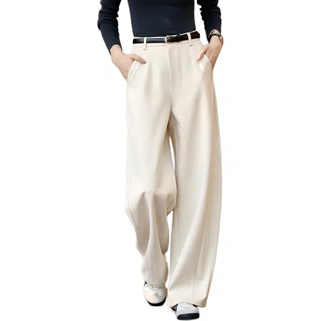 沫晗依美 高腰直筒纯色休闲裤 女款 米白色