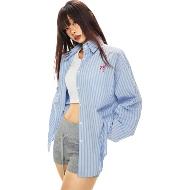玫丝朵 条纹百搭简约长袖衬衫 女款 蓝色