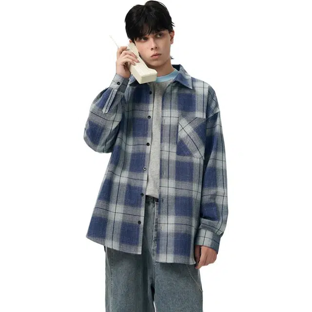 佐菲利 美式做旧渐变格子潮牌设计感痞帅外套百搭情侣长袖衬衣衬衫 男女同款