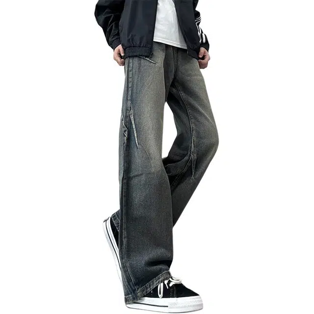 单爵 美式复古解构裤子男款秋季抽绳松紧腰软褶皱水洗做旧微喇裤牛仔裤 男女同款