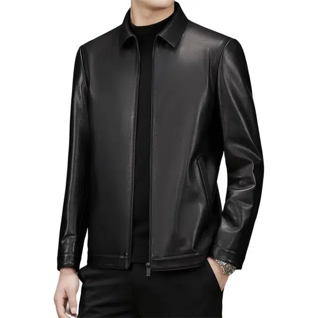 太子龍 爸爸装外套牛皮翻领中老年皮夹克皮衣 男款