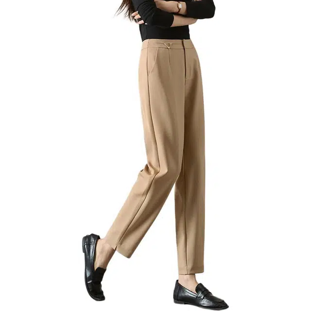 沫晗依美 锥形高腰通勤休闲裤 女款 浅卡其色