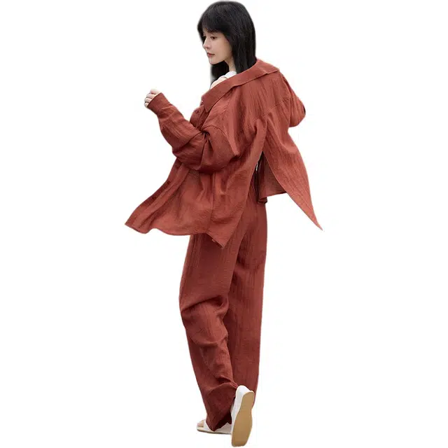 沫晗依美 翻领单排扣长袖上衣简约舒适纯色长裤休闲套装 女款 红色