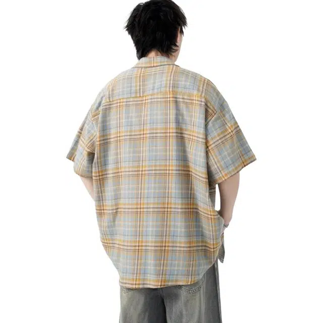 沐诚阳译 美式撞色潮牌宽松衬衣休闲短袖衬衫 男女同款