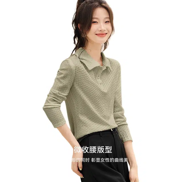 沫晗依美 肌理感针织纯色常规长袖翻领休闲日常便服宽松腰衬衫 女款