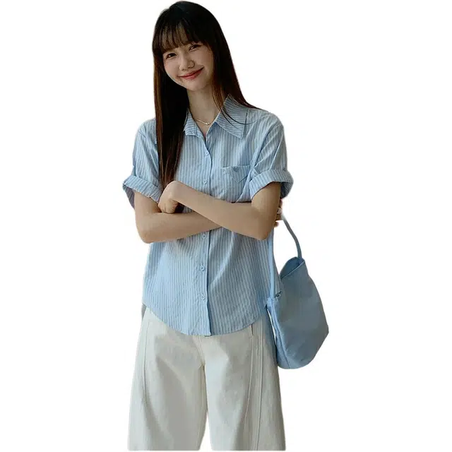 沐晓欣 条纹短袖女夏设计感小众衬衣休闲宽松衬衫 女款