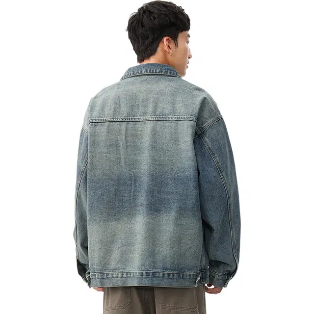 米素力 水洗做旧宽松翻领长袖牛仔外套 男款