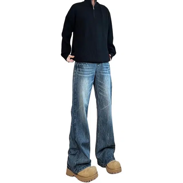 单爵 闪电纹微喇裤男痞帅炸街水洗直筒裤高腰显瘦牛仔裤 男女同款