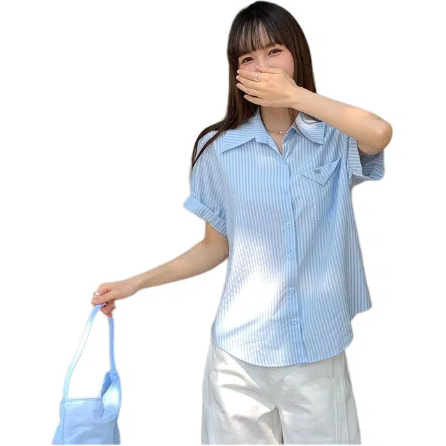 沐晓欣 条纹短袖女夏设计感小众衬衣休闲宽松衬衫 女款