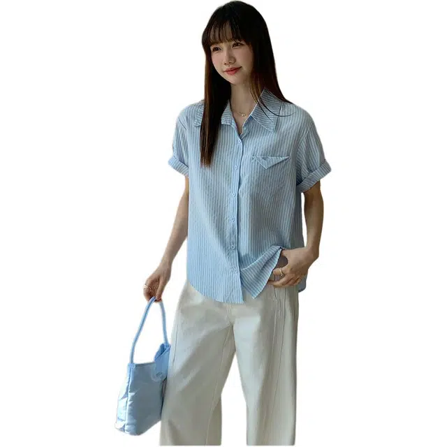 沐晓欣 条纹短袖女夏设计感小众衬衣休闲宽松衬衫 女款