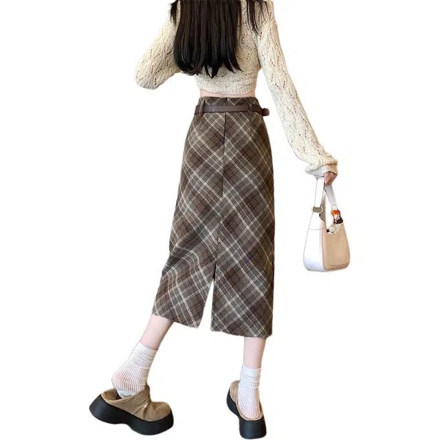 思蓓儿 高腰格子半身裙复古包臀裙子休闲长裙 女款