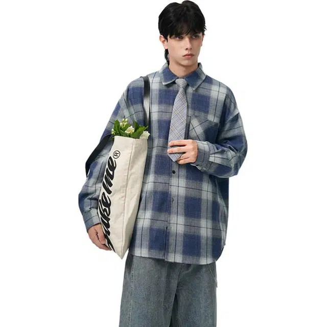 佐菲利 美式做旧渐变格子潮牌设计感痞帅外套百搭情侣长袖衬衣衬衫 男女同款