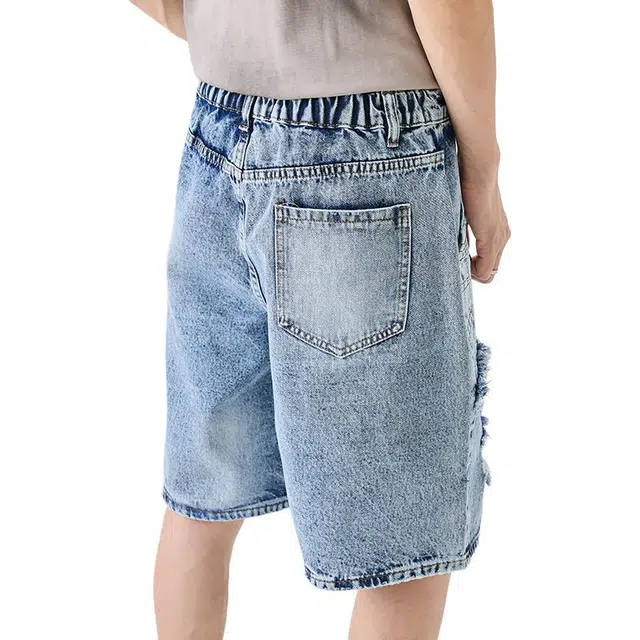 法文箱子 美式高街显瘦小众设计磨烂时尚洋气直筒五分裤牛仔短裤 男款