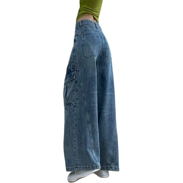 宝米卡 小个子工装美式复古口袋阔腿裤潮时尚高腰直筒休闲裤子牛仔裤 男女同款