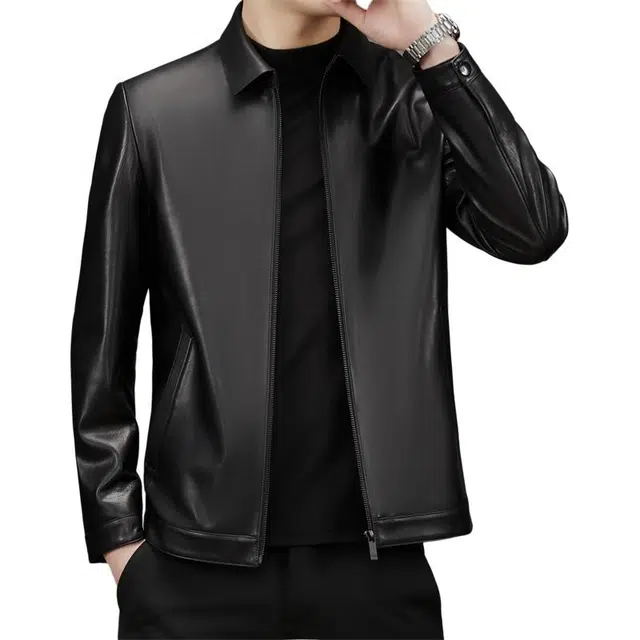 太子龍 爸爸装外套牛皮翻领中老年皮夹克皮衣 男款