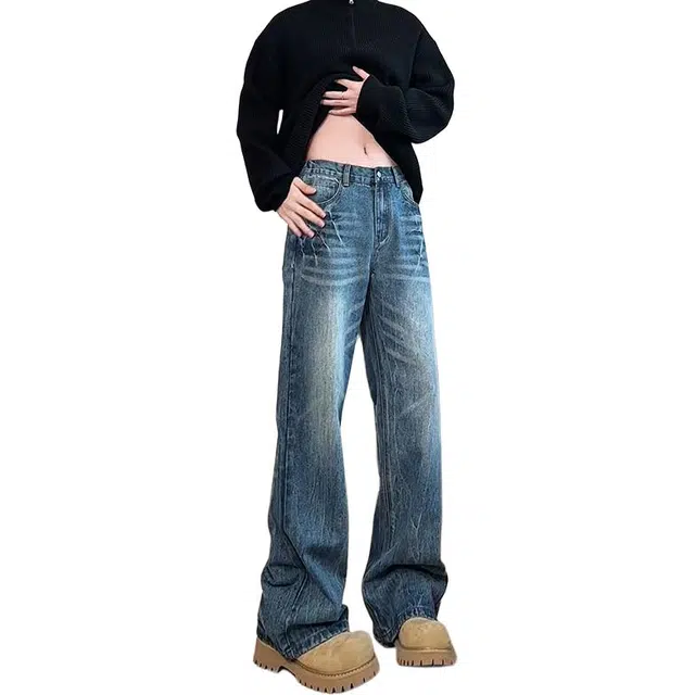 单爵 闪电纹微喇裤男痞帅炸街水洗直筒裤高腰显瘦牛仔裤 男女同款