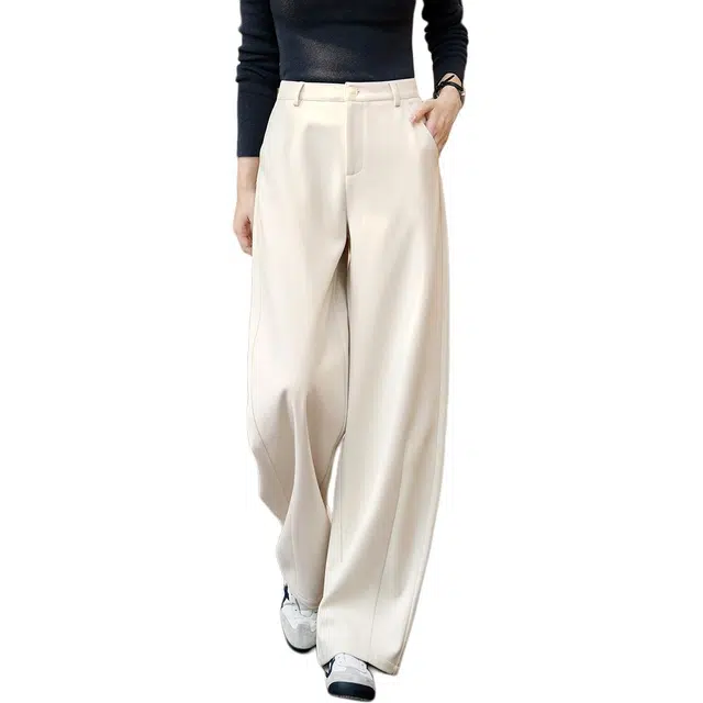 沫晗依美 高腰直筒纯色休闲裤 女款 米白色